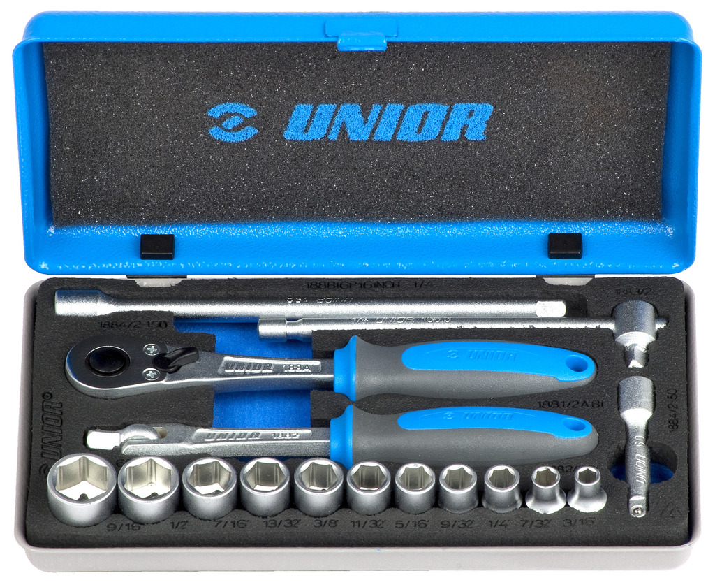 Unior 188BI6P16INCH Ključevi nasadni, prihvat 1/4", u metalnoj kutiji, 3/16"-9/16"/16, 619413