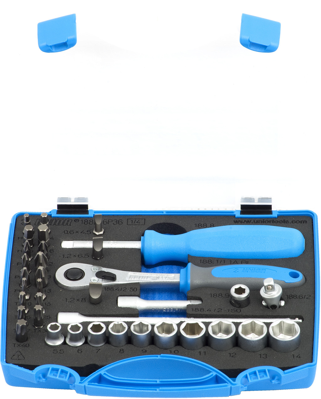 Unior 188BI6P36 Ključevi nasadni i nastavci, prihvat 1/4", u plastičnoj kutiji, /36, 621407