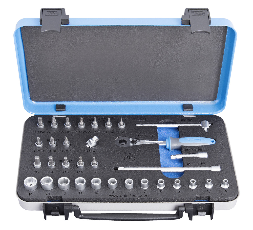 Unior 188C Ključevi nasadni i nastavci, prihvat 1/4", u metalnoj kutiji, /33, 615151