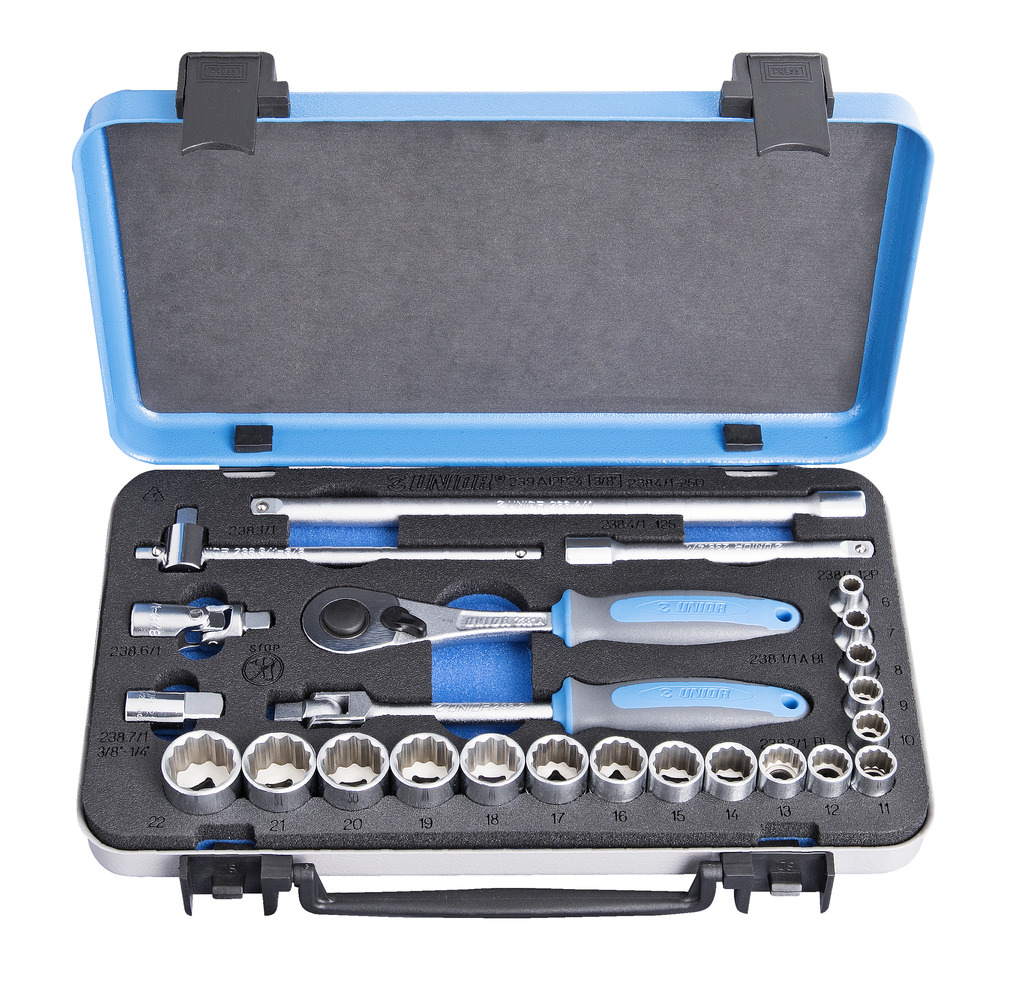 Unior 239A12P24 Ključevi nasadni, prihvat 3/8", u metalnoj kutiji, 6 - 22/24, 617117