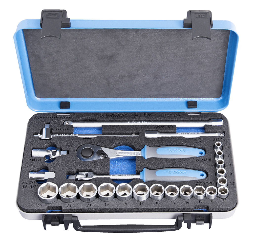 Unior 239A Ključevi nasadni, prihvat 3/8", u metalnoj kutiji, 6 - 22/24, 612509