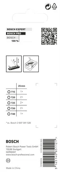 PRO Torx Impact nastavak T15, T20 (×2), T25 (×2), T30 (×2), T40, 25 mm, 8 kom 2608522322