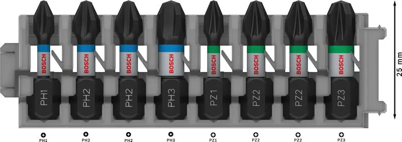PRO Impact set nastavaka za odvrtače, PH1, PH2(x2), PH3, PZ1, PZ2(x2), PZ3, 25 mm, 8 kom 2608522323