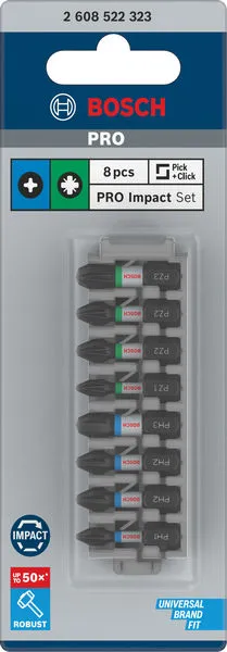 PRO Impact set nastavaka za odvrtače, PH1, PH2(x2), PH3, PZ1, PZ2(x2), PZ3, 25 mm, 8 kom 2608522323