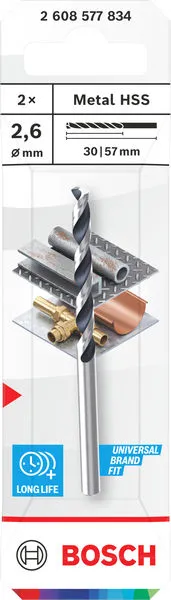 Metal HSS spiralna burgija, 2,6×30×57 mm, CYL prihvat, 2 kom. 2608577834