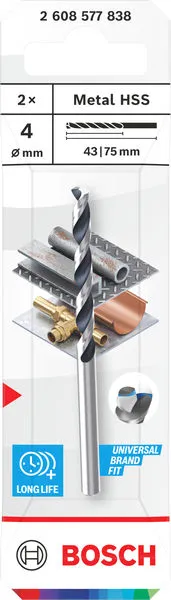 Metal HSS spiralna burgija, 4×43×75 mm, CYL prihvat, 2 kom. 2608577838
