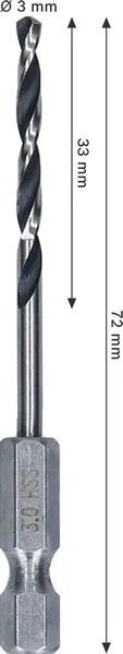 Metal HSS spiralna burgija, 3×33×72 mm, HEX prihvat od 1/4 inča 2608577865
