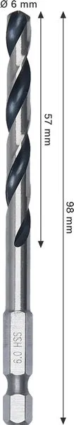 Metal HSS spiralna burgija, 6×57×98 mm, HEX prihvat od 1/4 inča 2608577874