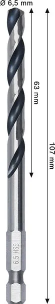 Metal HSS spiralna burgija, 6,5×63×107 mm, HEX prihvat od 1/4 inča 2608577875