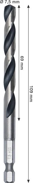 Metal HSS spiralna burgija, 7,5×69×109 mm, HEX prihvat od 1/4 inča 2608577878