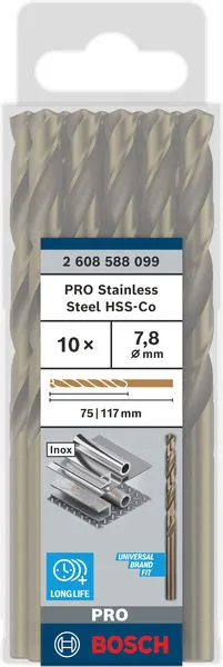 PRO Stainless Steel HSS-Co spiralna burgija, 7,8×75×117 mm, 10 kom. 2608588099