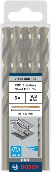 PRO Stainless Steel HSS-Co spiralna burgija, 9,8×87×133 mm, 5 kom. 2608588102