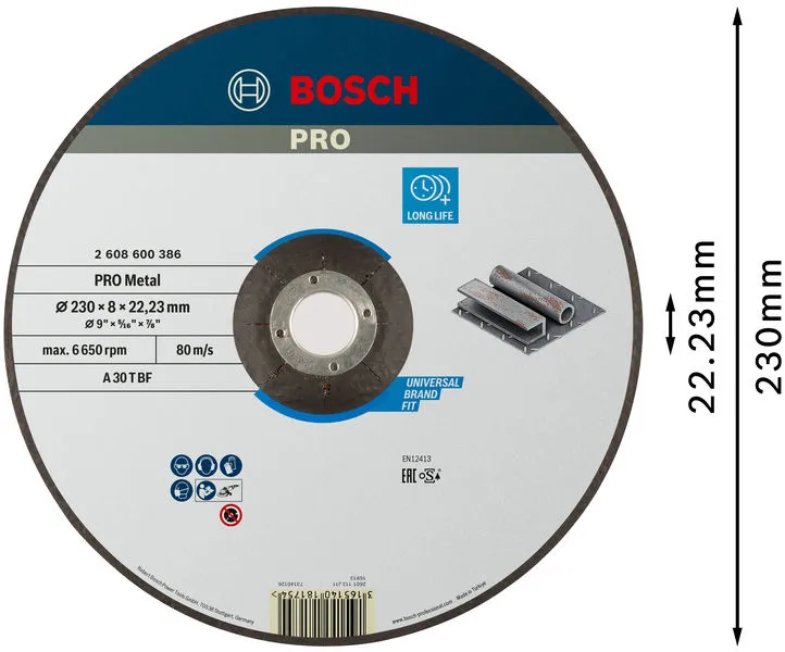 PRO Metal lepljeni brusni disk 230×8×22,23 mm 2608600386