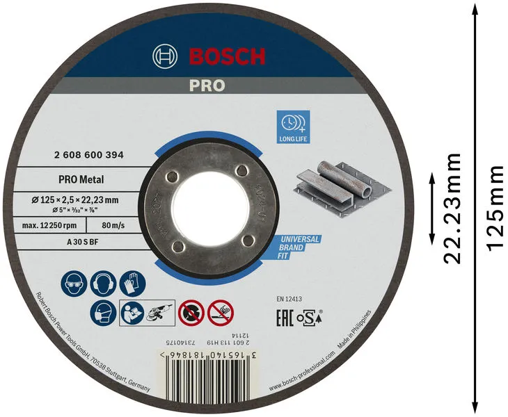 PRO Metal lepljena rezna ploča 125×2,5×22,23 mm, oSa 2608600394