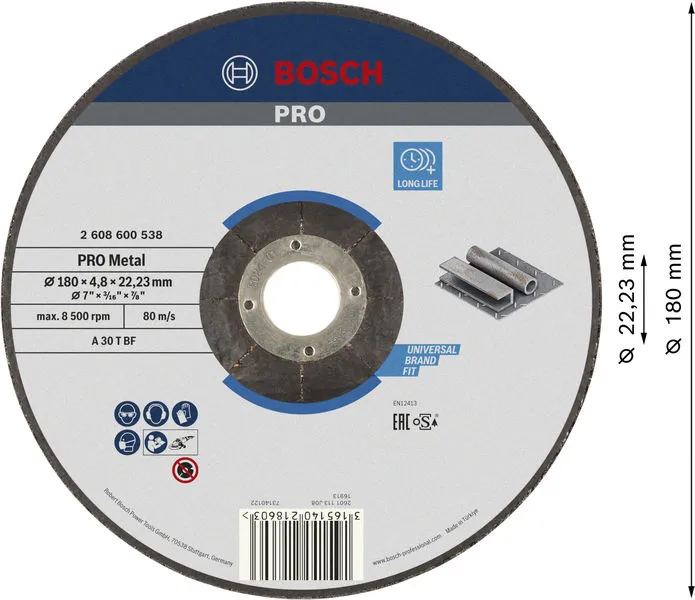 PRO Metal lepljeni brusni disk, 180×4,8×22,23 mm 2608600538