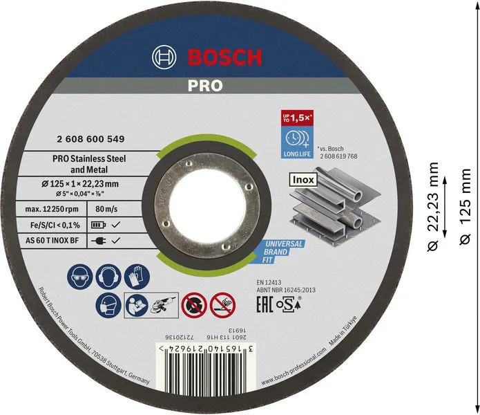 PRO Stainless Steel and Metal lepljena rezna ploča 125×1×22,23 mm, ravna 2608600549