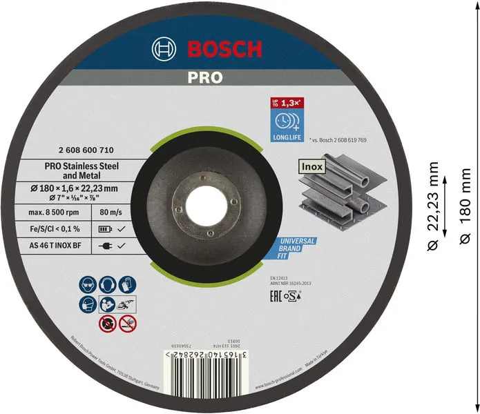 PRO Stainless Steel and Metal lepljena rezna ploča 180×1,6×22,23 mm, sa uvučenim centrom, oSa 2608600710