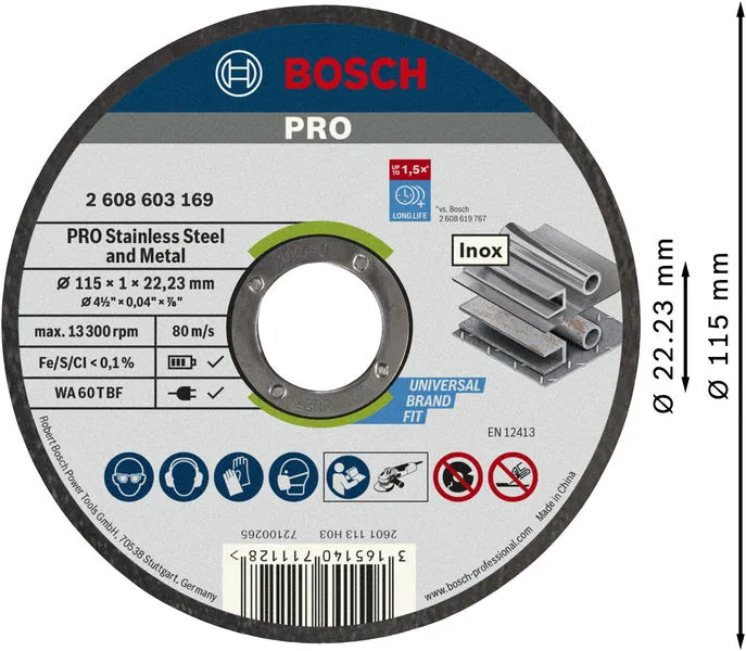 PRO Stainless Steel and Metal lepljena rezna ploča 115×1×22,23 mm, ravna 2608603169