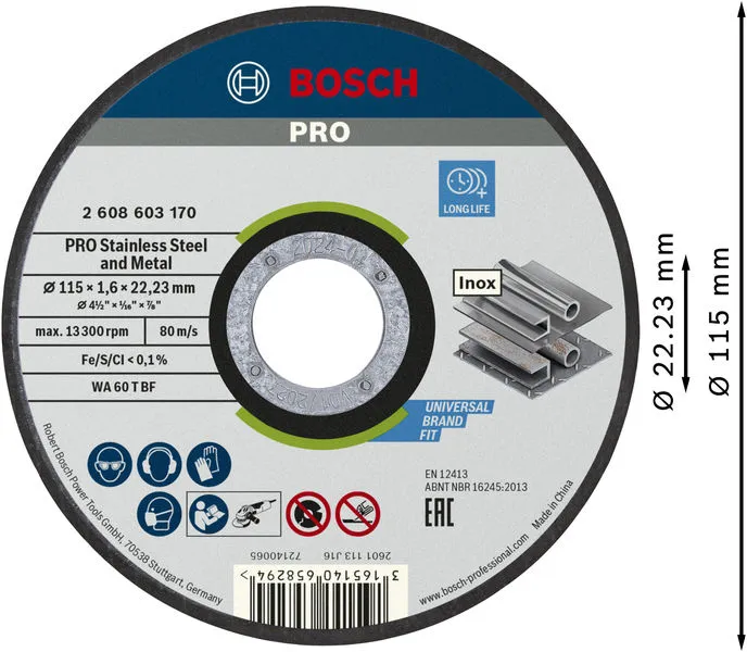 PRO Stainless Steel and Metal lepljena rezna ploča 115×1,6×22,23 mm, ravna 2608603170