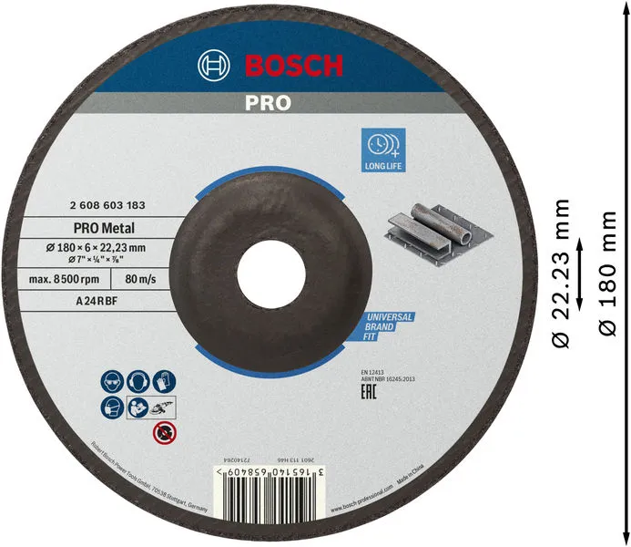 PRO Metal lepljeni brusni disk 180×6×22,23 mm 2608603183