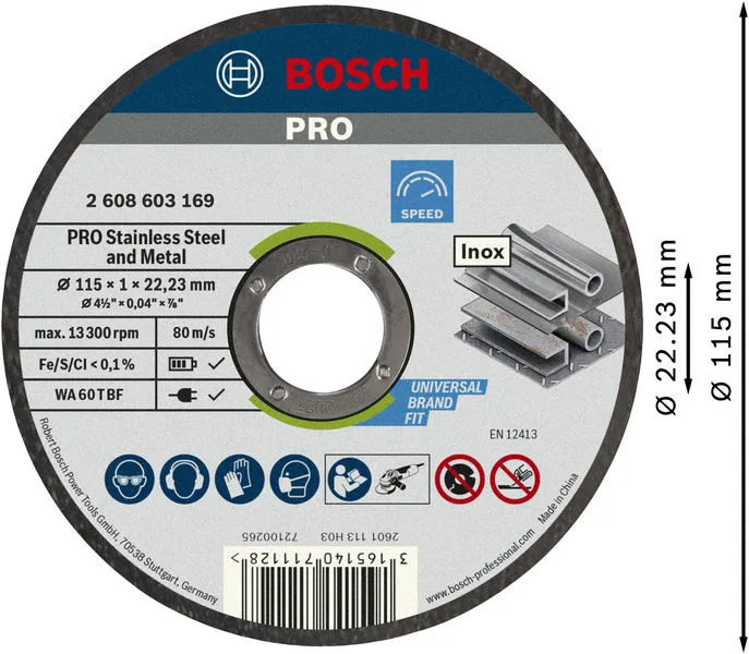 PRO Stainless Steel and Metal lepljena rezna ploča 115×1×22,23 mm, ravna, 10 kom 2608603254