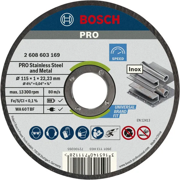 Bosch PRO Stainless Steel and Metal lepljena rezna ploča 115×1×22,23 mm, ravna, 10 kom 2608603254
