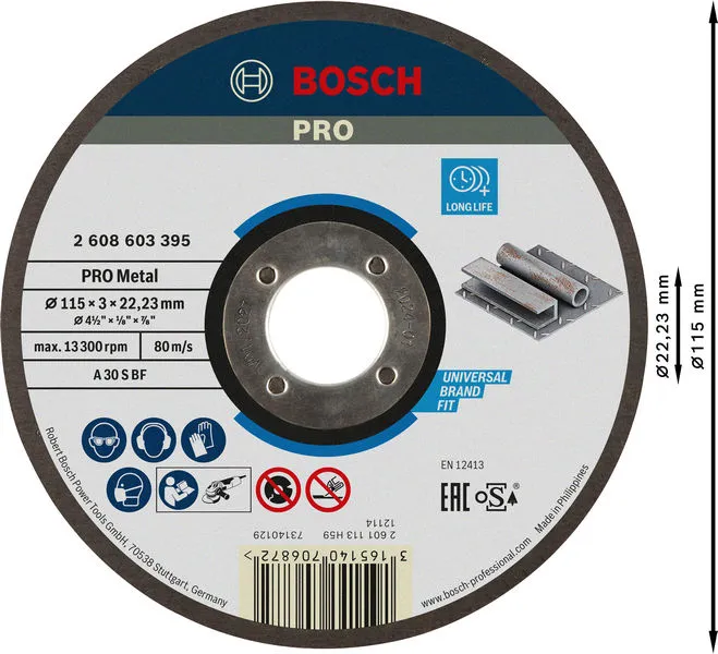PRO Metal lepljena rezna ploča, 115×3×22,23 mm 2608603395