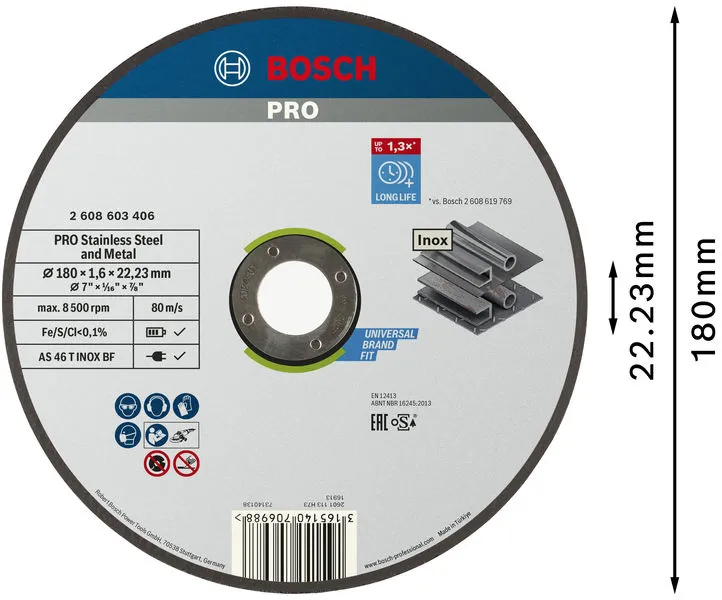PRO Stainless Steel and Metal lepljena rezna ploča, 180×1,6×22,23 mm, ravna, oSa 2608603406