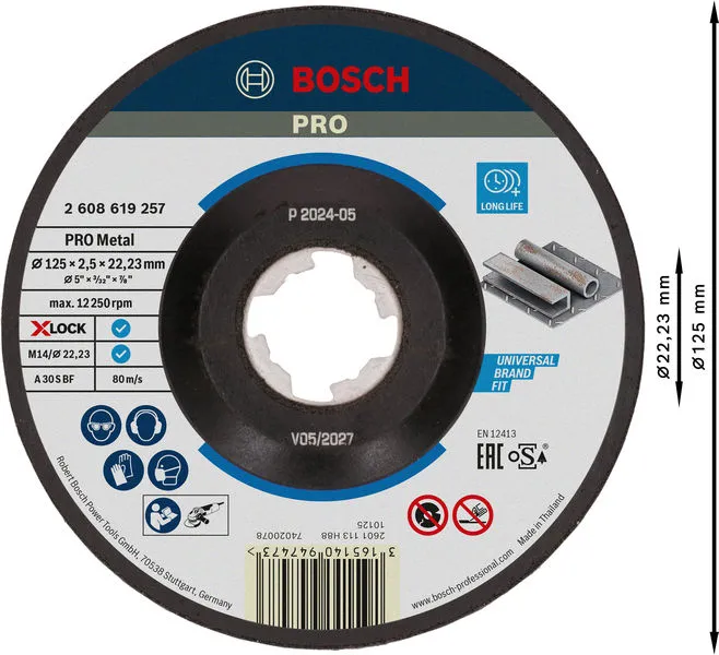 PRO Metal lepljena rezna ploča 125×2,5×22,23 mm, X-Lock, sa uvučenim centrom 2608619257