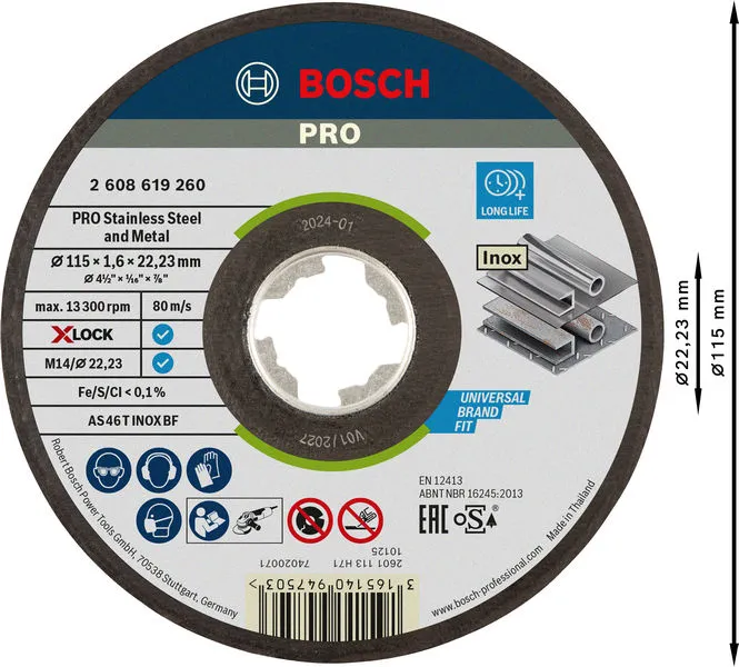 PRO Stainless Steel and Metal lepljena rezna ploča 115×1,6×22,23 mm, X-Lock, ravna, oSa 2608619260