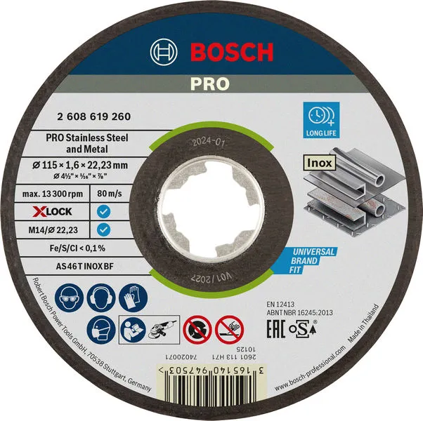 Bosch PRO Stainless Steel and Metal lepljena rezna ploča 115×1,6×22,23 mm, X-Lock, ravna, oSa 2608619260