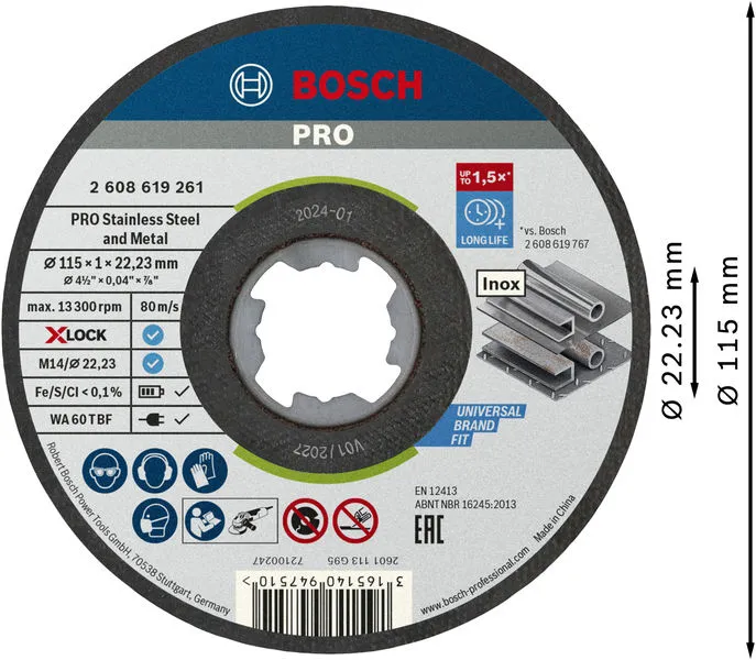 PRO Stainless Steel and Metal lepljena rezna ploča 115×1×22,23 mm, X-Lock, ravna, 10 kom 2608619266