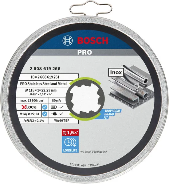 PRO Stainless Steel and Metal lepljena rezna ploča 115×1×22,23 mm, X-Lock, ravna, 10 kom 2608619266