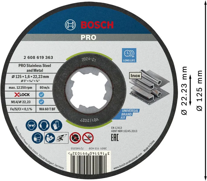 PRO Stainless Steel and Metal lepljena rezna ploča 125×1,6×22,23 mm, X-Lock, ravna, 10 kom 2608619364