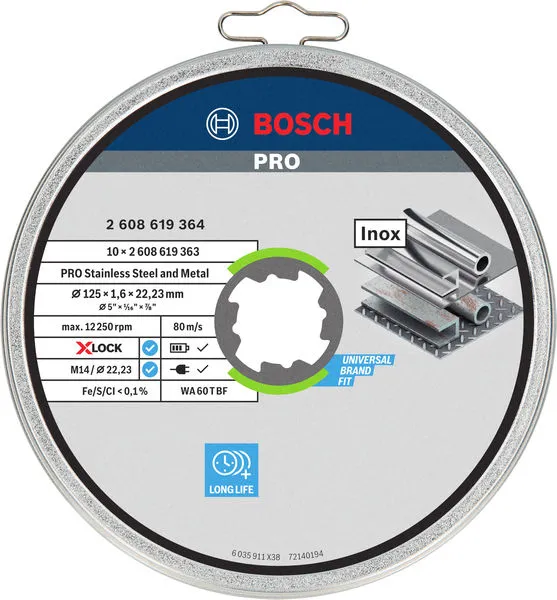 PRO Stainless Steel and Metal lepljena rezna ploča 125×1,6×22,23 mm, X-Lock, ravna, 10 kom 2608619364