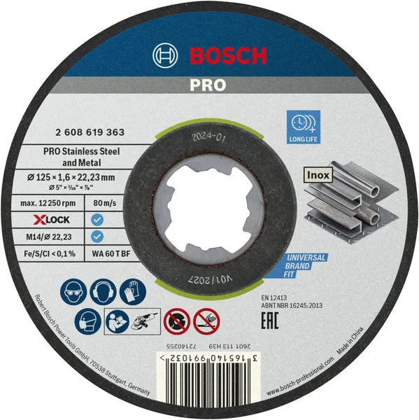 Bosch PRO Stainless Steel and Metal lepljena rezna ploča 125×1,6×22,23 mm, X-Lock, ravna, 10 kom 2608619364