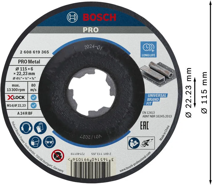 PRO Metal lepljena brusna ploča 115×6×22,23 mm, X-Lock 2608619365