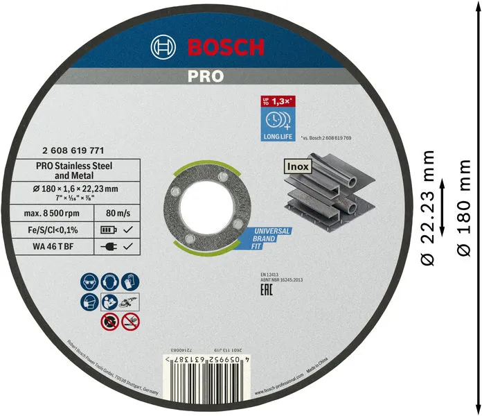 PRO Stainless Steel and Metal lepljena rezna ploča 180×1,6×22,23 mm, ravna 2608619771