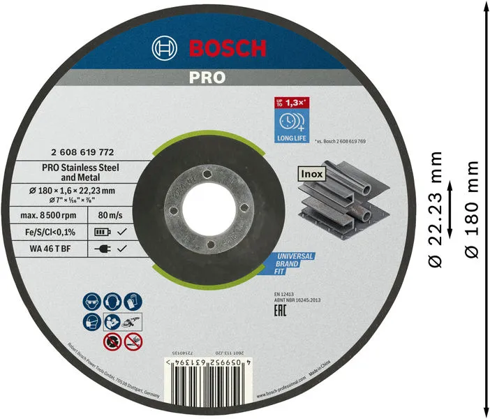 PRO Stainless Steel and Metal lepljena rezna ploča 180×1,6×22,23 mm, sa uvučenim centrom 2608619772