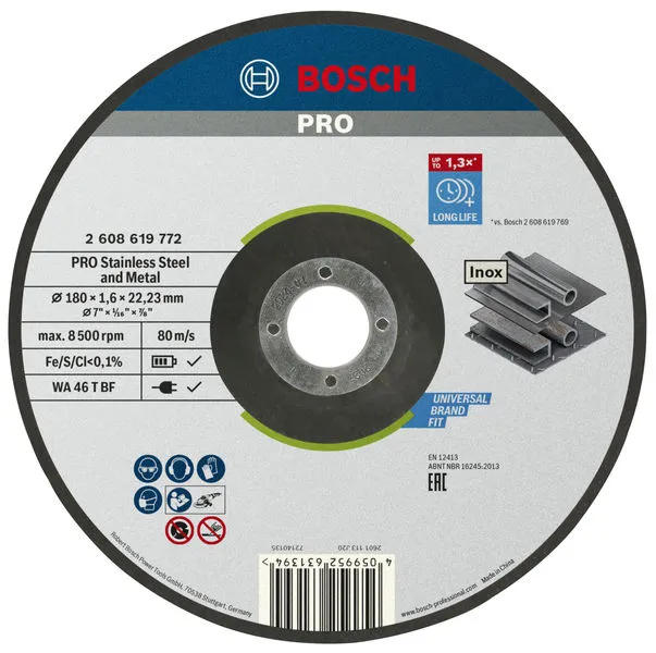 Bosch PRO Stainless Steel and Metal lepljena rezna ploča 180×1,6×22,23 mm, sa uvučenim centrom 2608619772