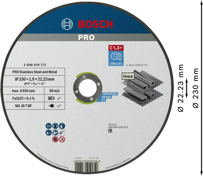 PRO Stainless Steel and Metal lepljena rezna ploča 230×1,9×22,23 mm, ravna 2608619773