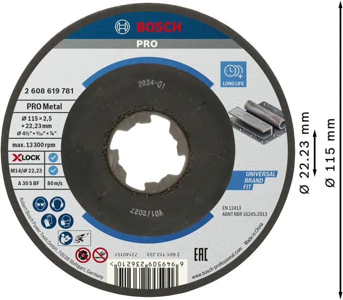 PRO Metal lepljena rezna ploča 115×2,5×22,23 mm, X-Lock, sa uvučenim centrom 2608619781