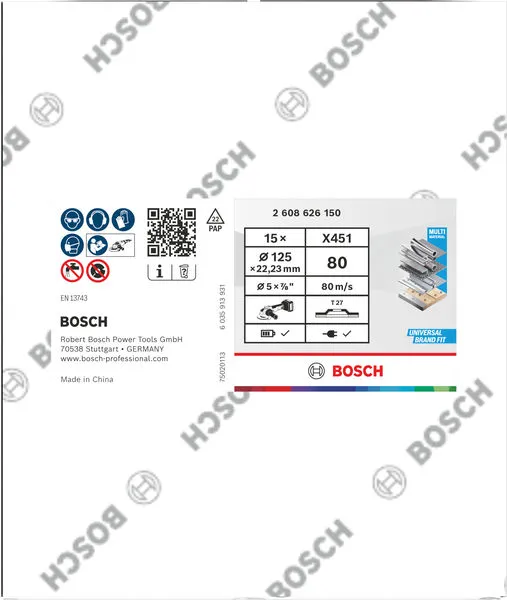 X451 lamelna brusna ploča, 125×22,23 mm, G80, T27, 15 delova 2608626150