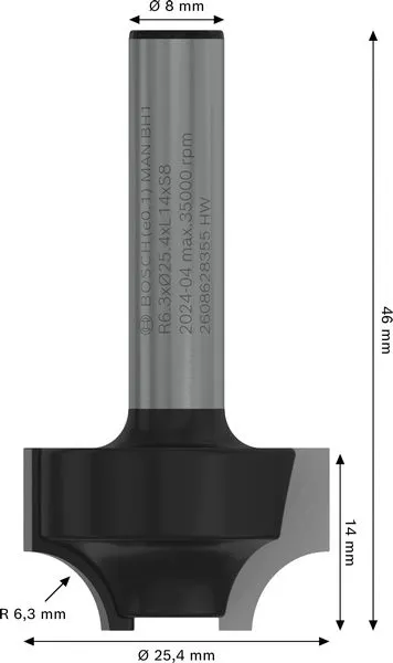 PRO ovolo glodalo R 6,3, prihvat 8 mm 2608628355