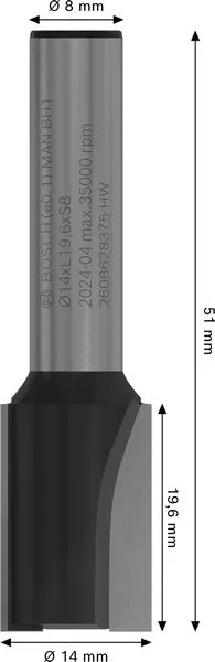 PRO ravno glodalo dva žleba Ø 14×L 19,6, prihvat 8 mm 2608628375