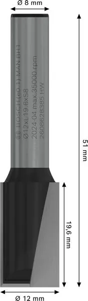 PRO ravno glodalo dva žleba Ø 12×L 19,6, prihvat 8 mm 2608628385