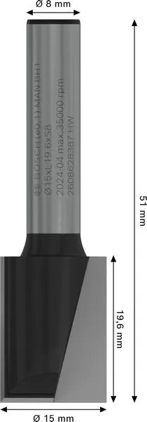 PRO ravno glodalo dva žleba Ø 15×L 19,6, prihvat 8 mm 2608628387