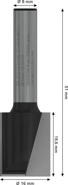 PRO ravno glodalo dva žleba Ø 16×L 19,6, prihvat 8 mm 2608628388
