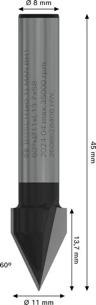 PRO glodalo za V-kanale 60°×Ø 11, prihvat 8 mm 2608628406