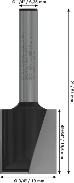PRO ravno glodalo, dva žleba, Ø 3/4×L 49/64", prihvat 1/4" 2608628414